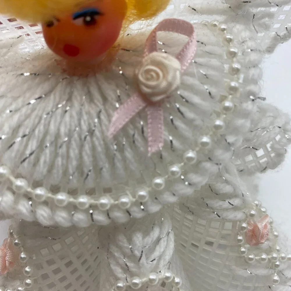Vintage Handmade Christmas Angel White pink rosettes Blonde rubber face ornament